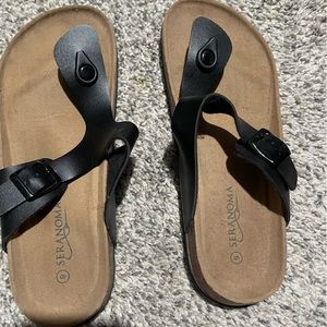 Seranoma Button Sandals, Black. Size 9